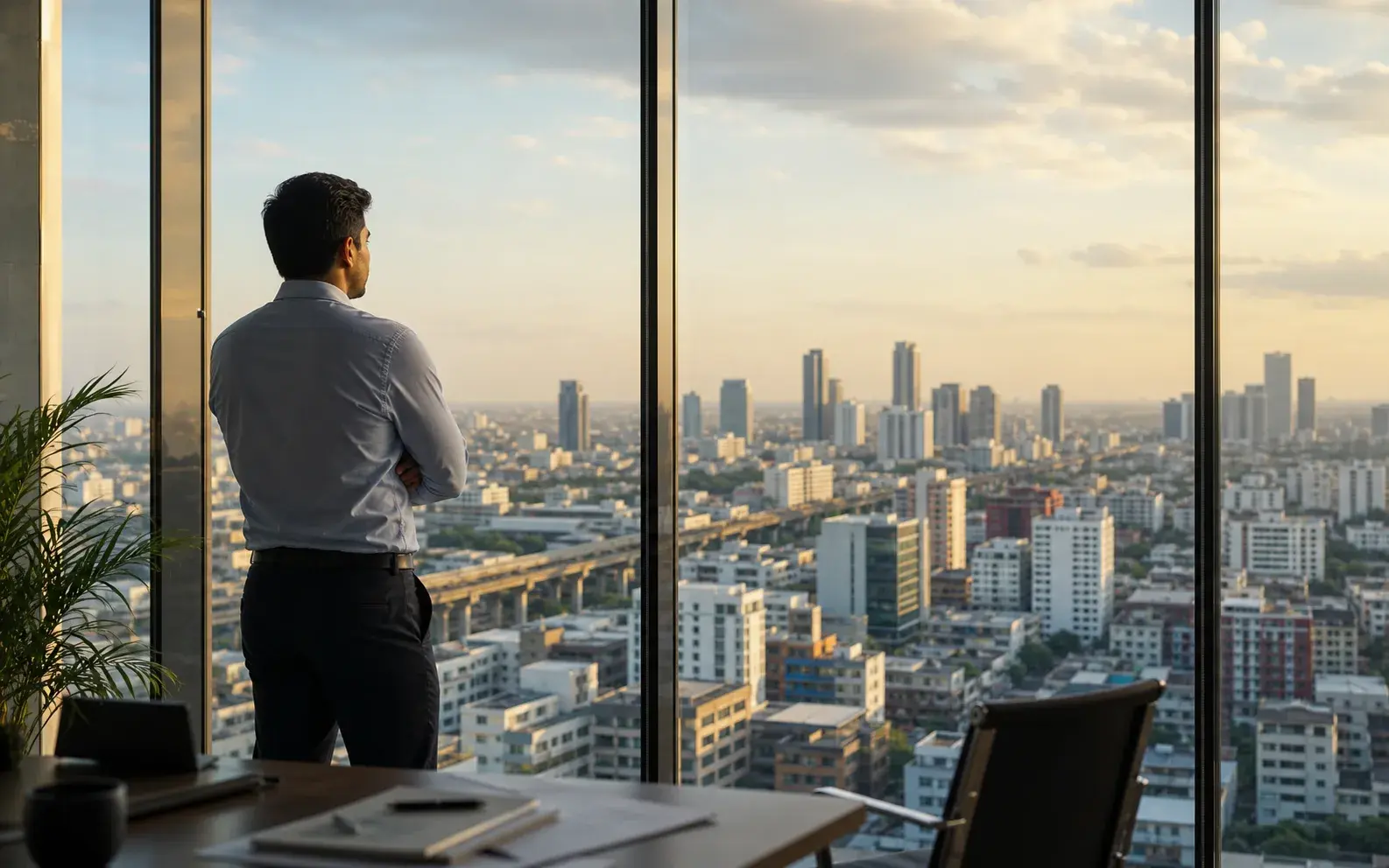 Startup founder looking at a large city skyline through office glass, suggesting long-term ambition and future growth