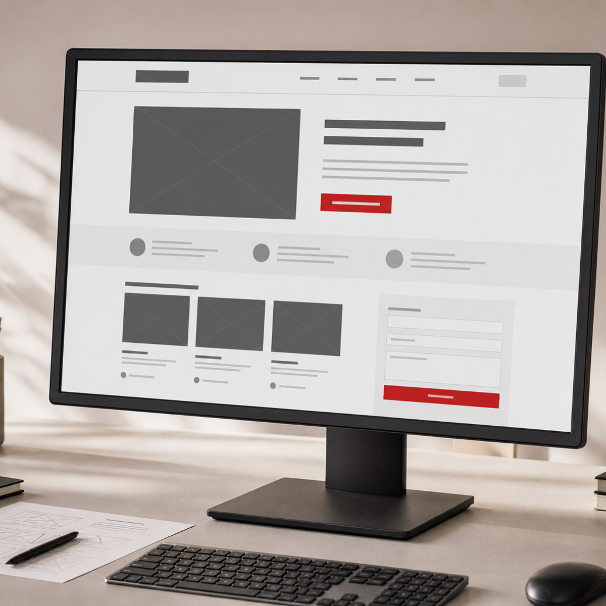 Desktop monitor showing a structured website wireframe with proof modules and red enquiry signals