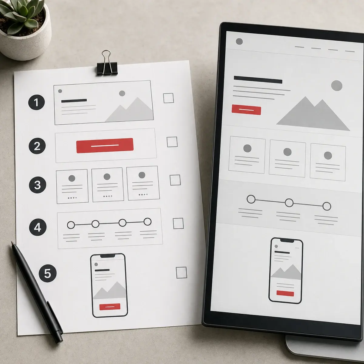 Printed five-point website review checklist beside a structured website wireframe with one red action signal