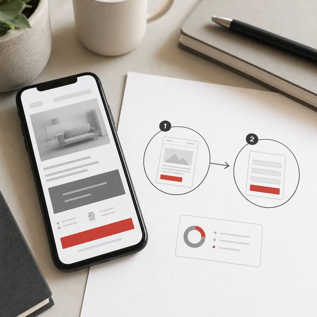 Smartphone showing a clean mobile website beside a two-step journey from landing page to enquiry