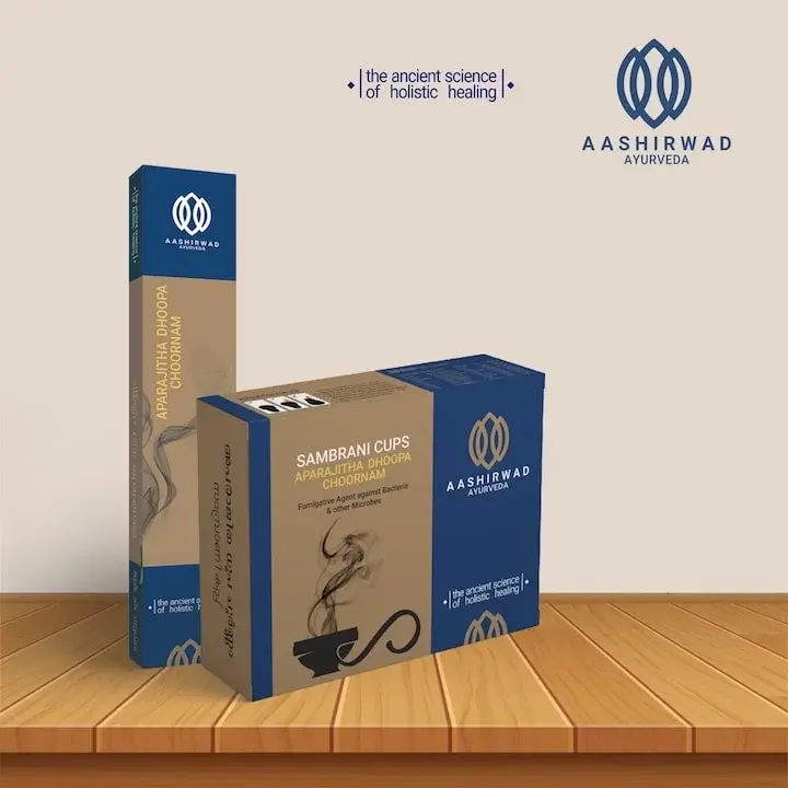 Aashirwad Ayurveda - Sambrani Cups / Aparajitha Dhoopa Choornam packaging in blue and kraft