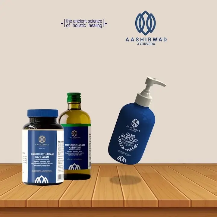 Aashirwad Ayurveda - product range: Amruthotharam Kashayam tablet and syrup packs alongside Hastaraksha hand sanitizer pump bottle