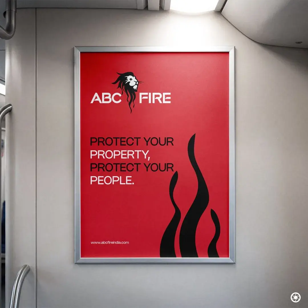 ABC Fire - full-red train carriage poster with lion mark and the campaign headline set above the reversed-flame motif
