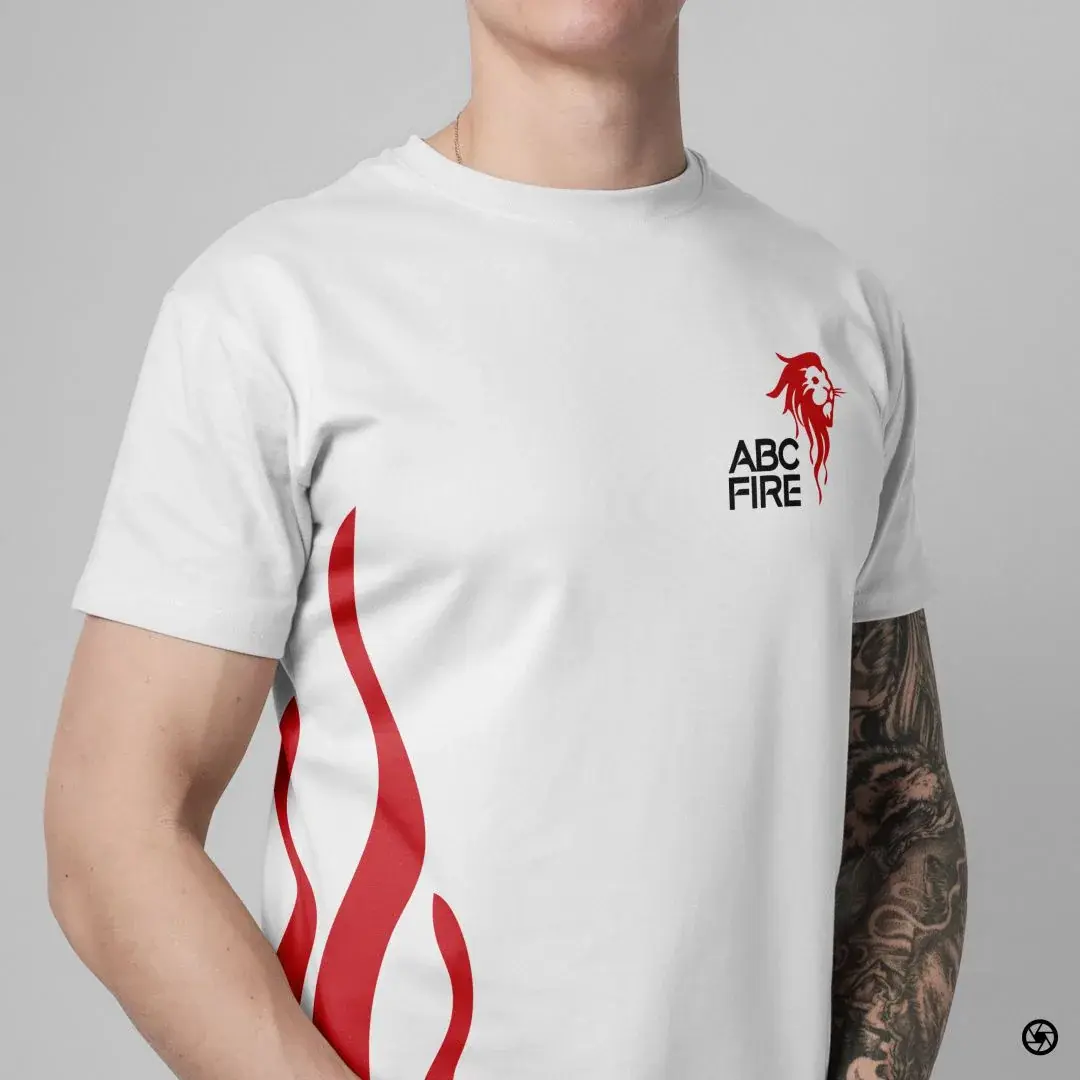 ABC Fire - white staff t-shirt with the lion-and-wordmark on the chest and reversed-flame motif rising up the left side panel