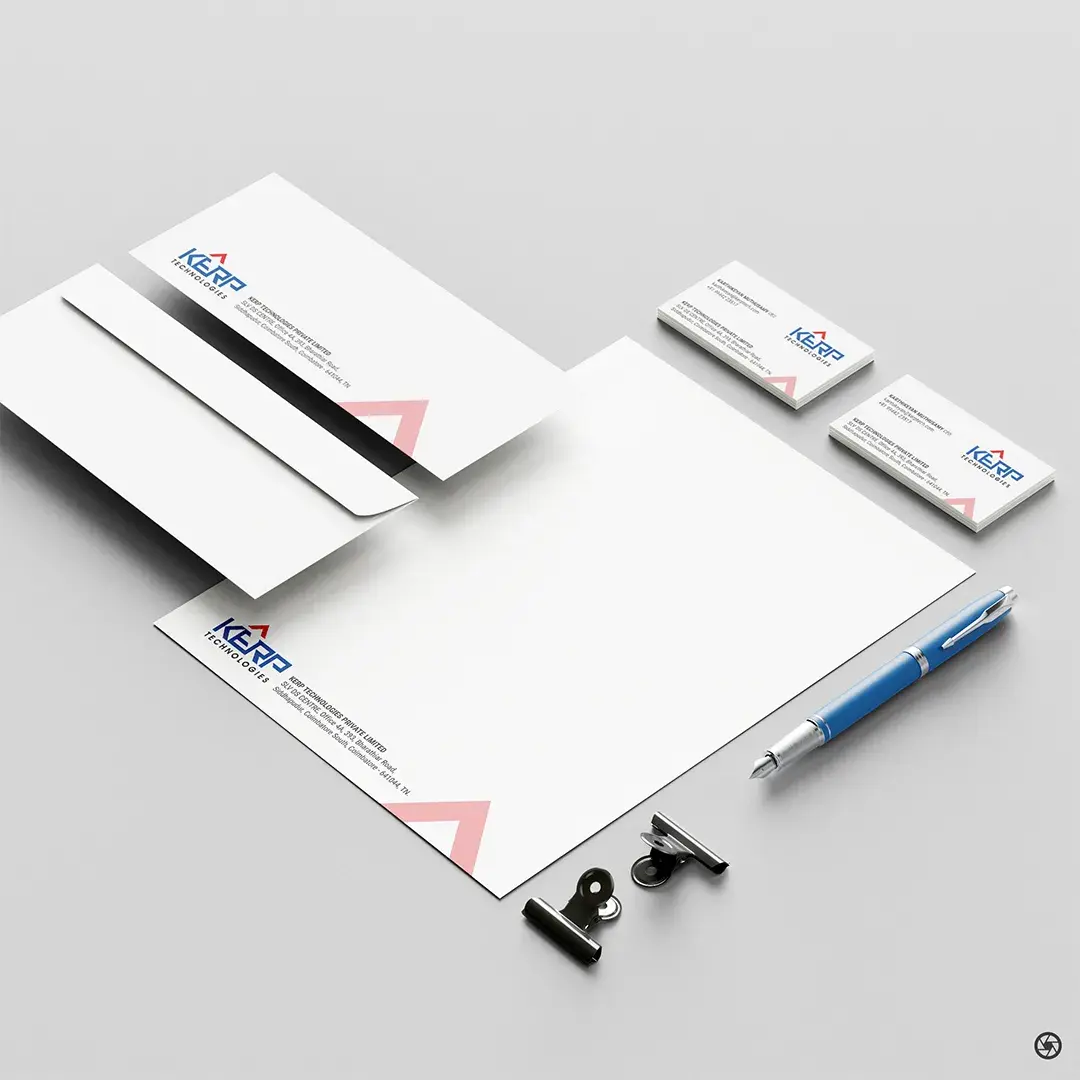 KERP stationery system: business card, letterhead, and envelope on one grid