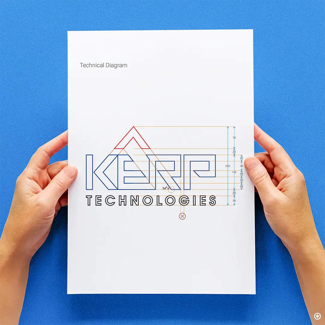 KERP wordmark construction diagram, an X-unit grid with the red peak set at 54 degrees.