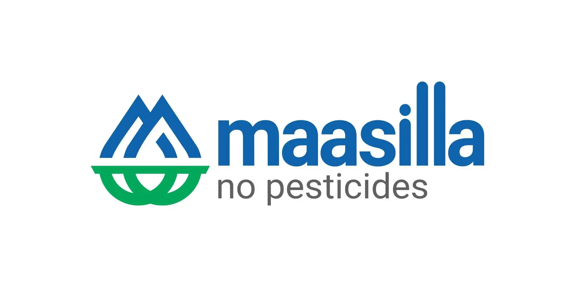 Maasilla wordmark with No Pesticides tagline - English version in PMS 301C blue and PMS 7481C green on white