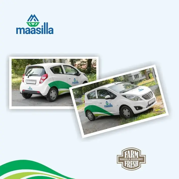 Maasilla vehicle livery - white car with green brand decals and Farm Fresh Maasilla Assurance badge