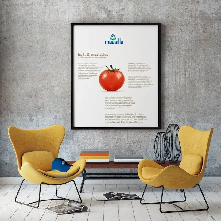 Maasilla marketing poster framed - editorial layout with tomato illustration and three-column body copy on the ozonation and no-pesticide promise