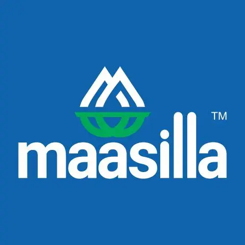 Maasilla wordmark inverse - white mark on brand blue background, the social and digital format
