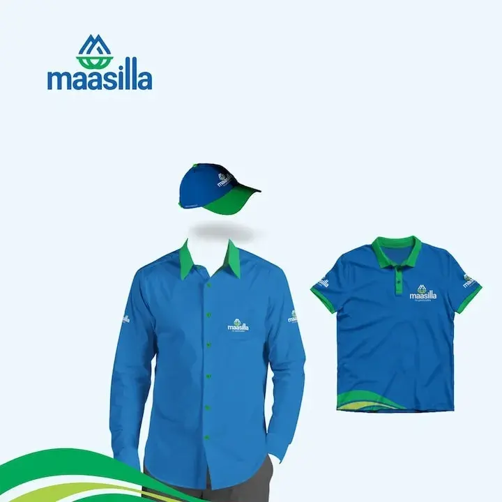 Maasilla full uniform set - blue formal shirt with green collar, polo T-shirt and cap in PMS 301C and PMS 7481C