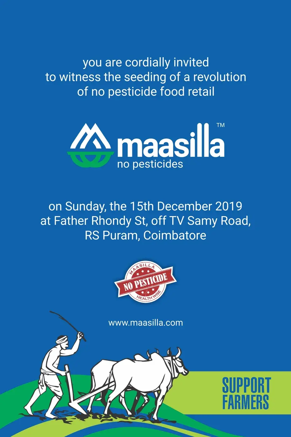 Maasilla electronic invitation - 'You are cordially invited to witness the seeding of a revolution of no pesticide food retail, on Sunday the 15th December 2019'