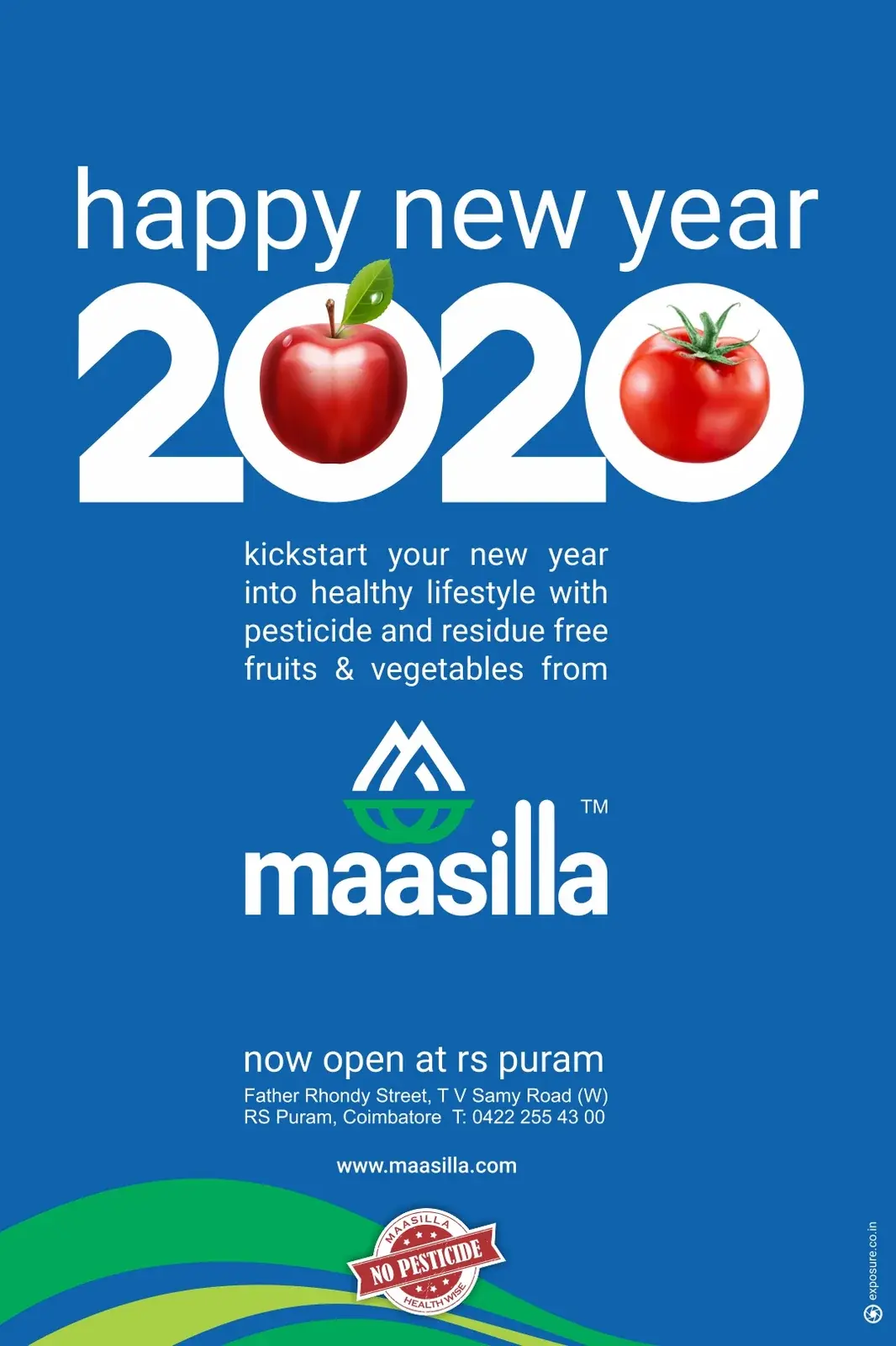 Maasilla Happy New Year 2020 poster - 'kickstart your new year into healthy lifestyle with pesticide and residue free fruits & vegetables'