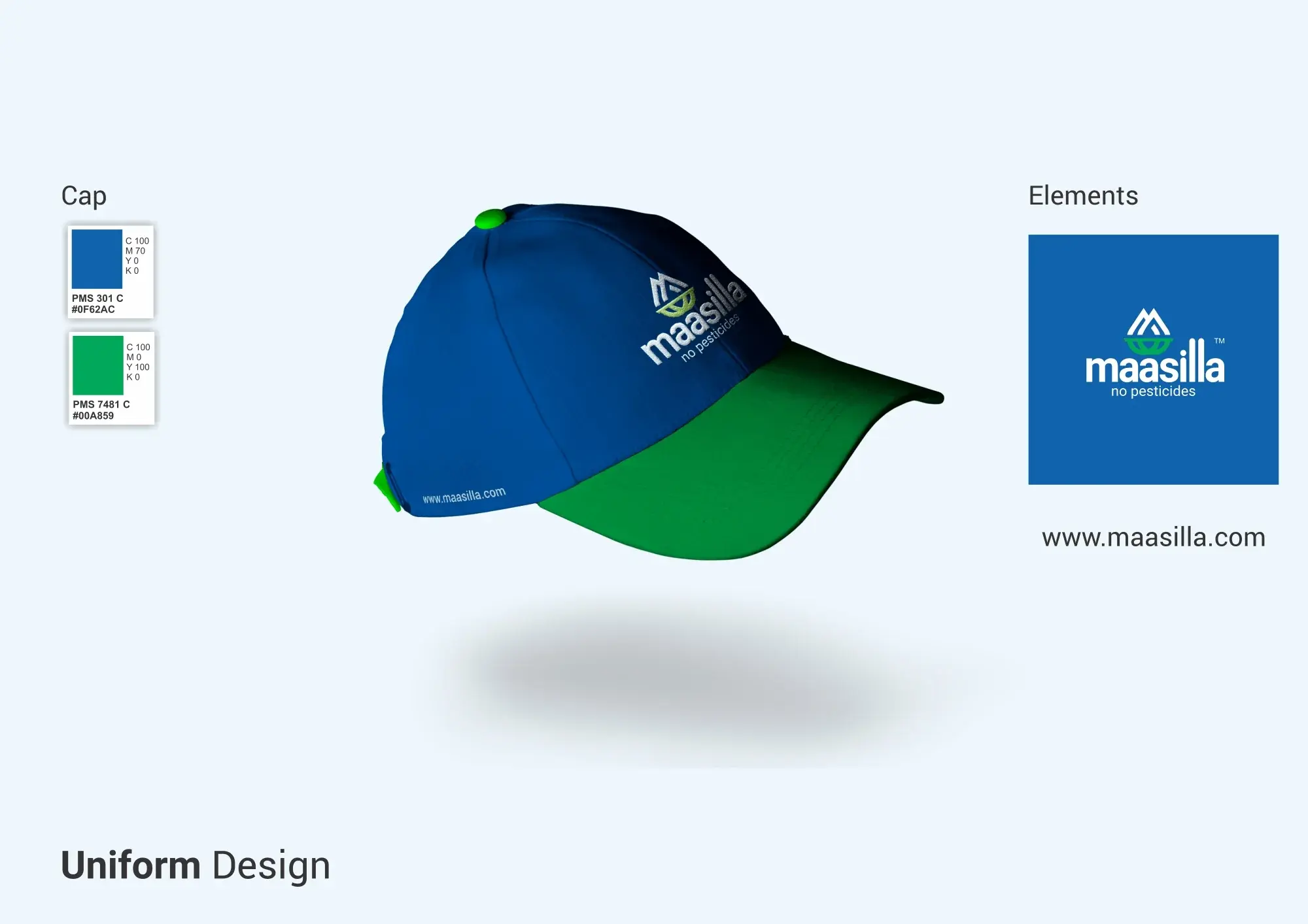 Maasilla staff cap - blue crown and green peak, brand mark embroidered on the front and URL on the strap