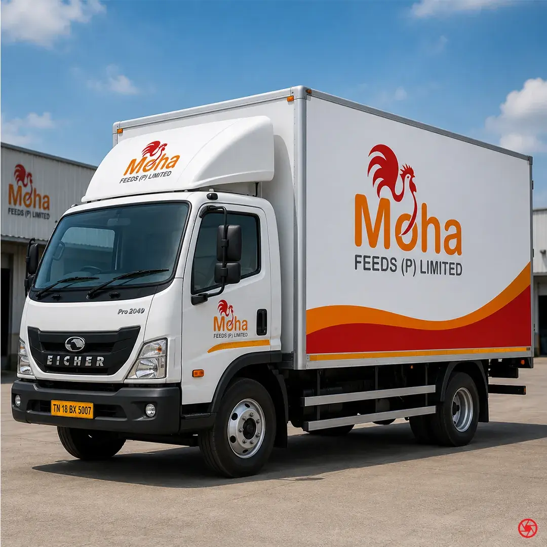 MOHA Feeds delivery truck - Eicher Pro 2049 with full livery, rooster mark and sweep curve across the box, parked at the mill