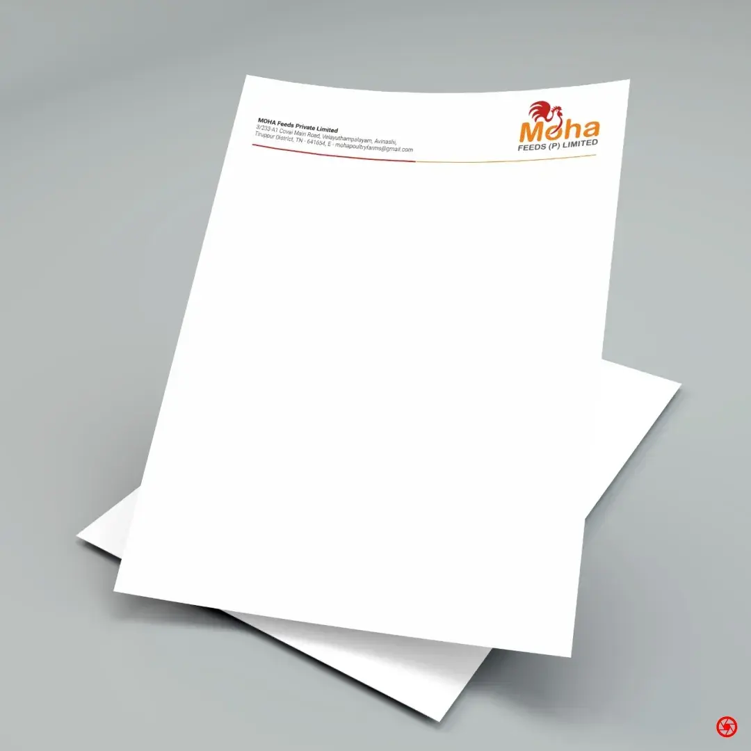 MOHA Feeds letterhead - rooster mark, address block, and the orange-to-red sweep rule