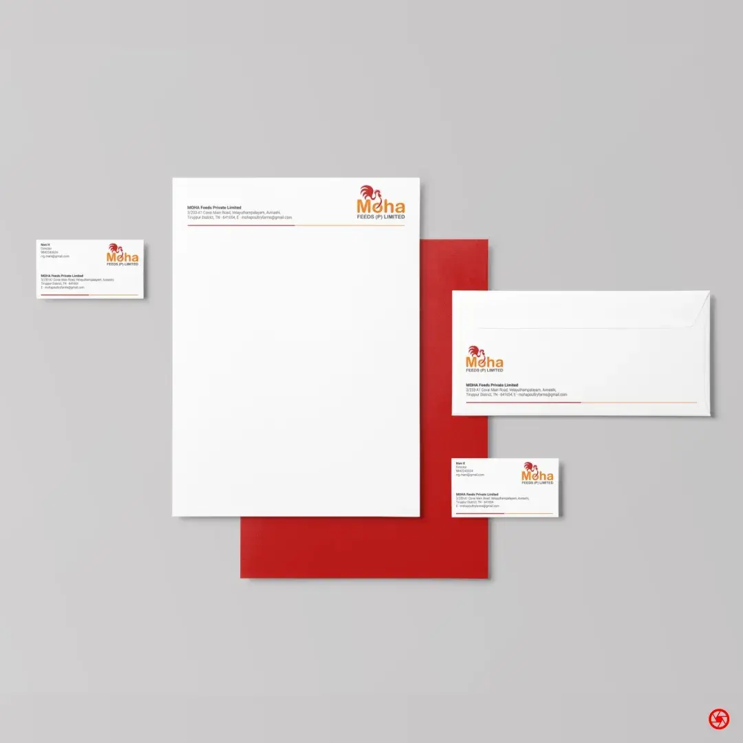 MOHA Feeds stationery system - letterhead, business cards, and envelope set to one grid and one address rule