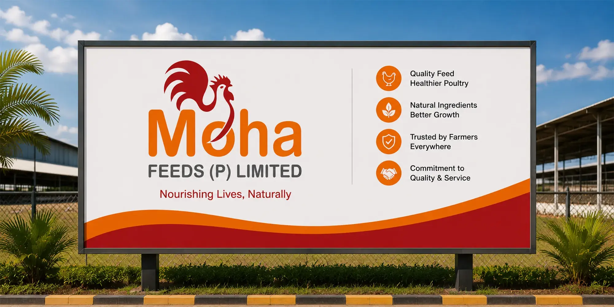 MOHA Feeds billboard - the rooster mark, the Nourishing Lives Naturally tagline, and four brand pillars: quality feed, natural ingredients, trusted by farmers, commitment to service.