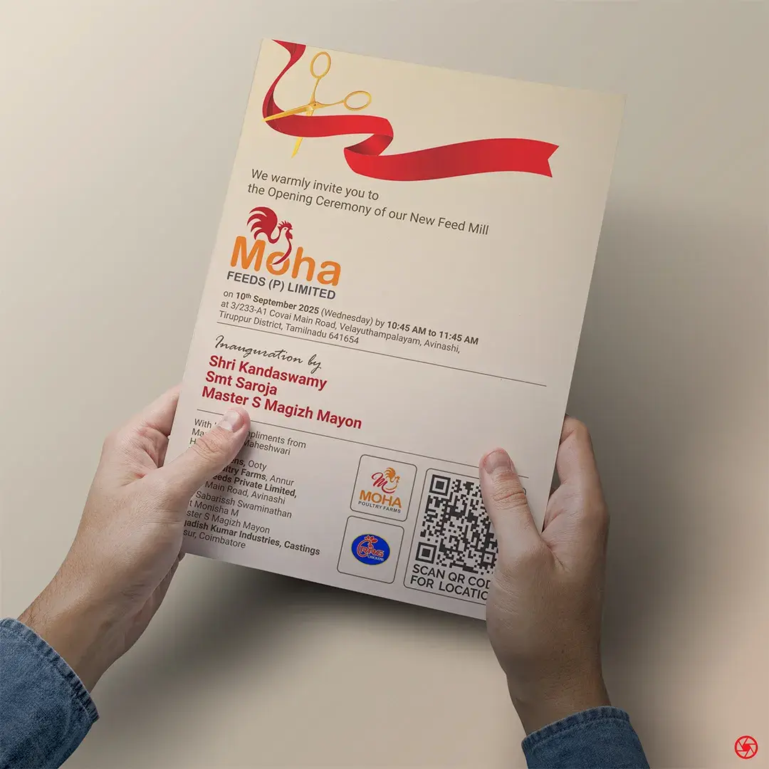 MOHA Feeds feed-mill opening invitation - ribbon-and-scissors motif, ceremony details for 10 September 2025, and the inaugurating guests
