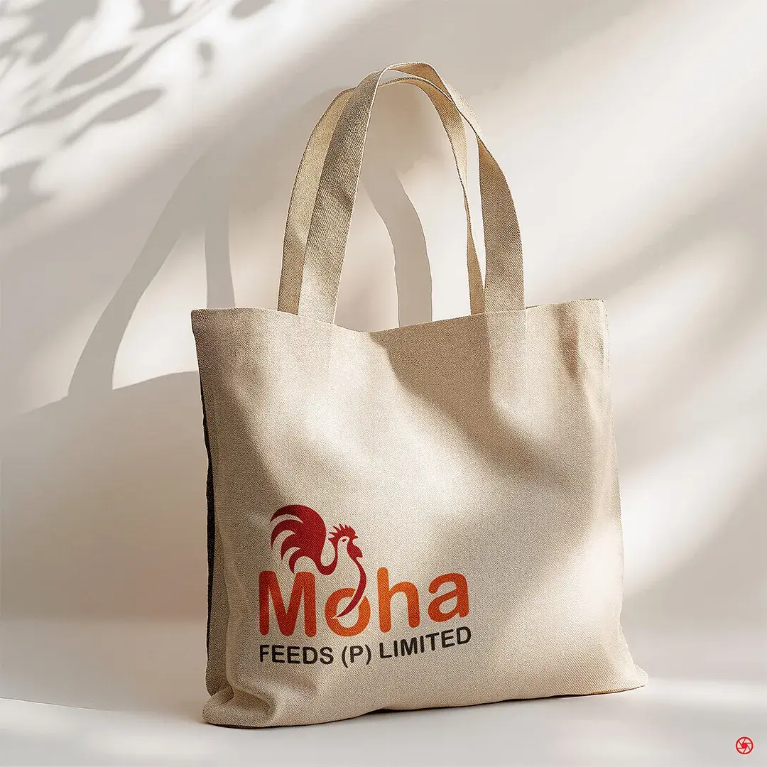 MOHA Feeds canvas tote bag - rooster mark printed in brand red on natural cotton