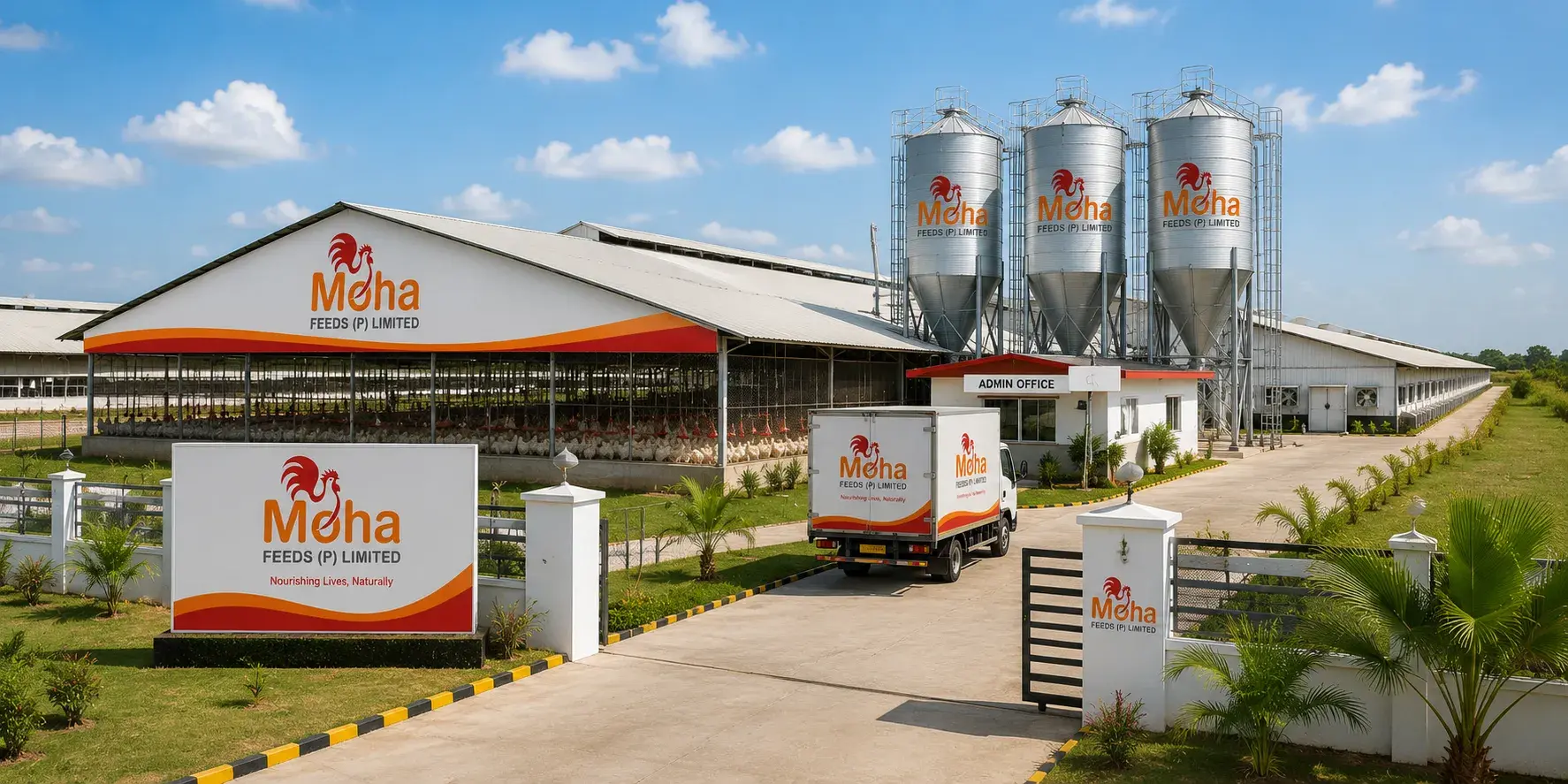 MOHA Feeds mill and farm - branded sheds, three feed silos, gate boards, and a liveried delivery truck at the Avinashi facility.