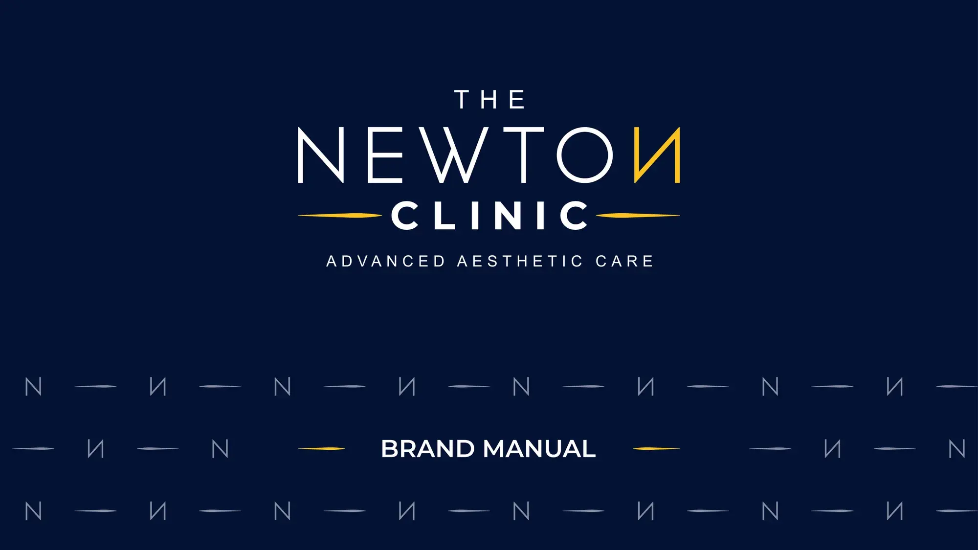 The Newton Clinic brand manual cover, a navy field with the wordmark and the Advanced Aesthetic Care line.