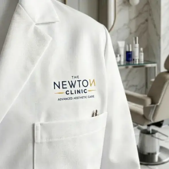The Newton Clinic logo embroidered on a white lab coat in a treatment room