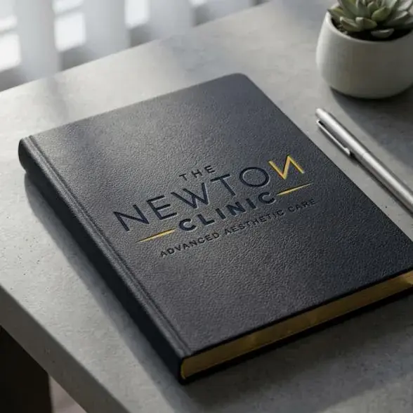 The Newton Clinic logo foiled on a navy hardcover notebook