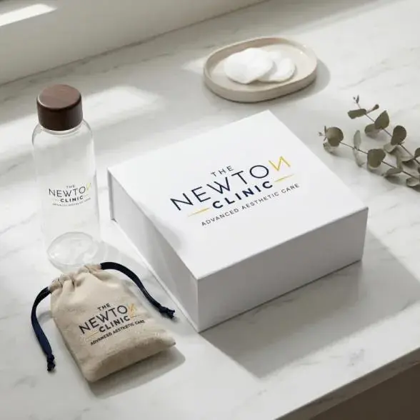 The Newton Clinic patient kit: a branded gift box, water bottle, and drawstring pouch