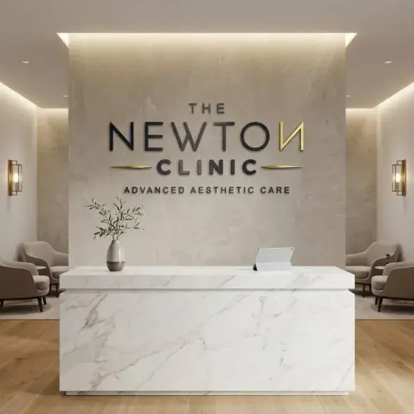 The Newton Clinic dimensional logo on the reception wall above a marble desk