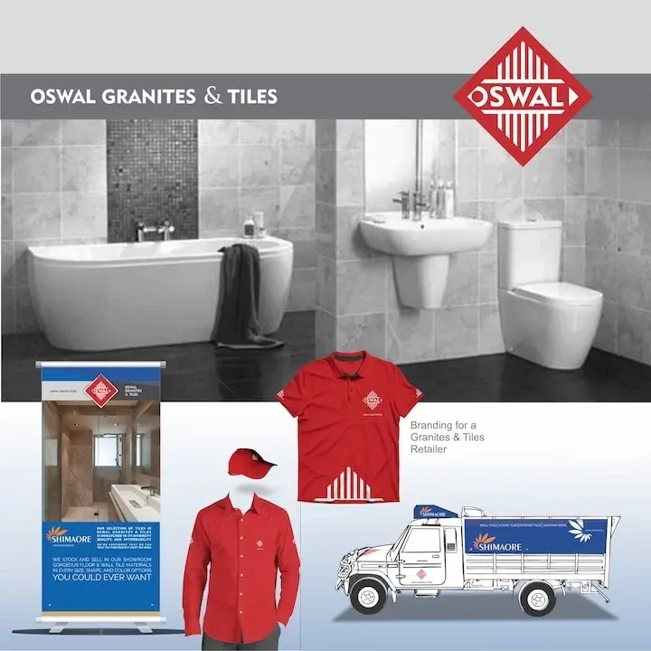 Oswal Granites & Tiles - brand overview showing bathroom showroom with granite tiles, red polo shirt, cap, Shimaore-branded delivery truck, and rollup banner