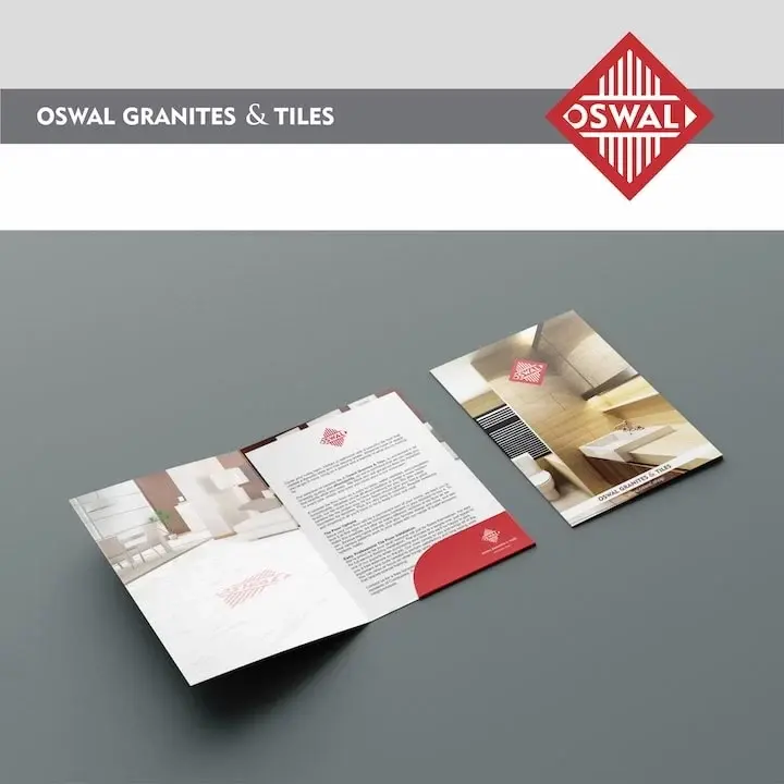 Oswal Granites & Tiles - bifold brochure open showing interior spread and front/back covers with tile photography on dark surface
