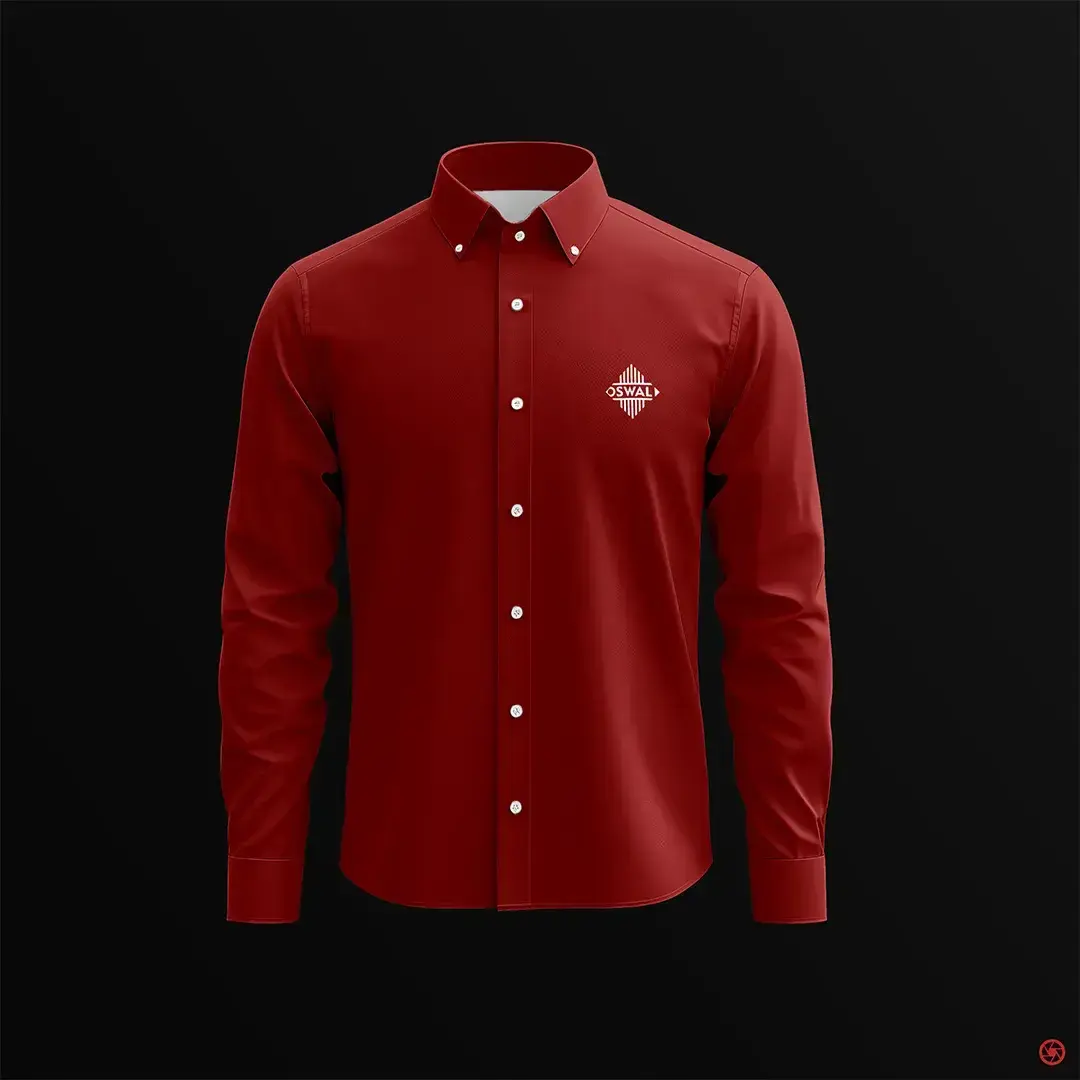 Oswal Granites & Tiles - red formal dress shirt with embroidered Oswal diamond mark on chest