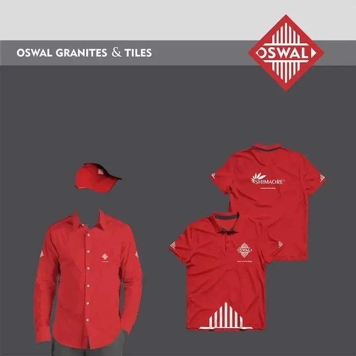 Oswal Granites & Tiles - staff uniform set: red long-sleeve shirt, red polo (front with Oswal mark, back with Shimaore brand), red branded cap