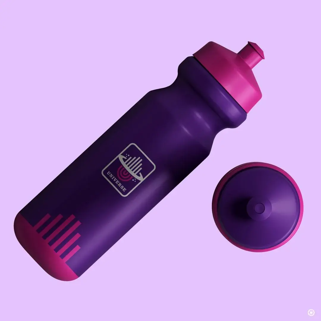 Universe Constructions - branded sports water bottle in purple and magenta, with the mark on the body and a pink cap