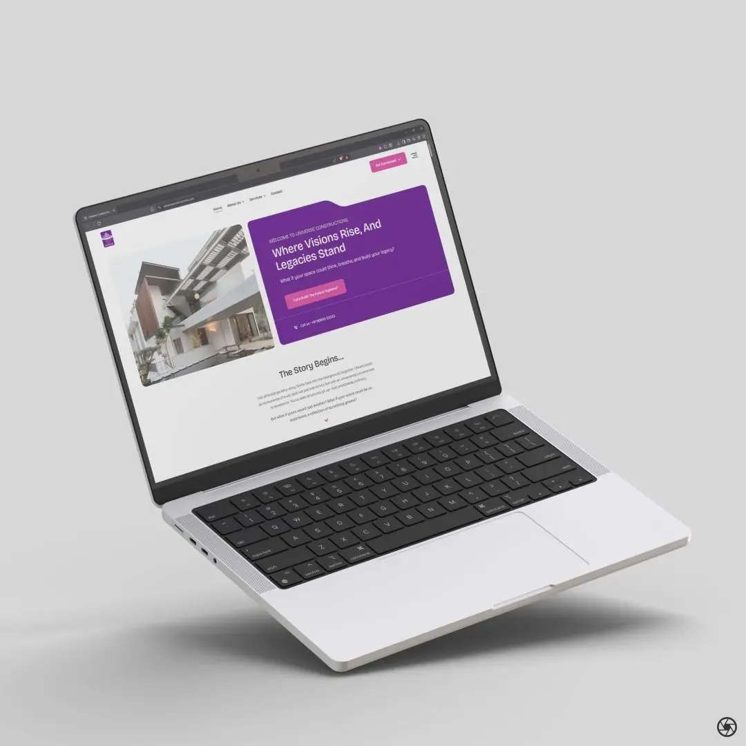Universe Constructions - website homepage on a MacBook in a light studio setting - purple hero card with 'Where Visions Rise, And Legacies Stand' and 'Let's Build The Future Together' CTA