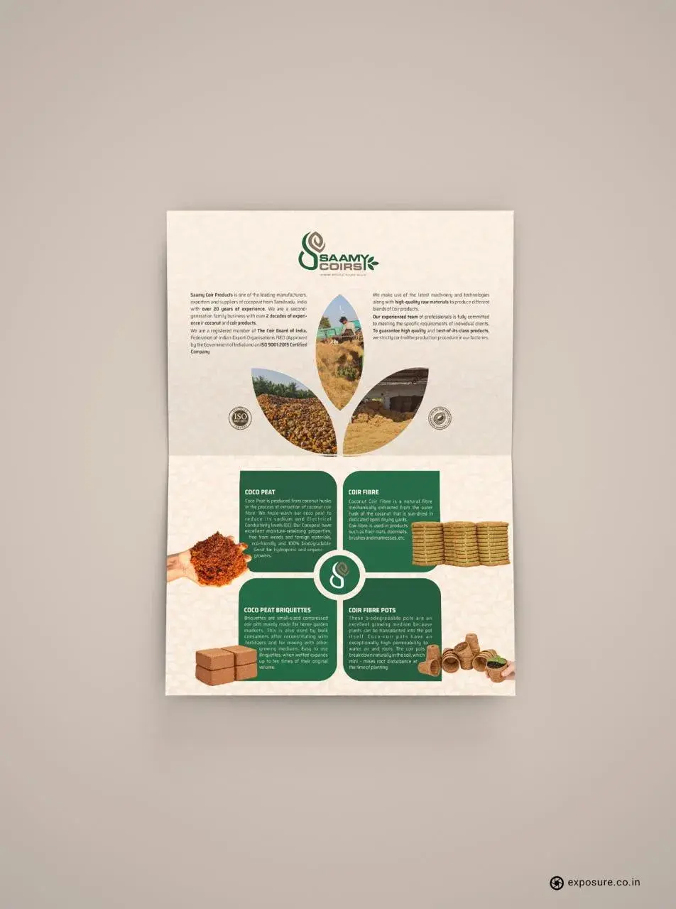 Saamy Coirs export brochure inner spread — coco peat, coir fibre, briquettes, and pots product pages with ISO and Coir Board badges