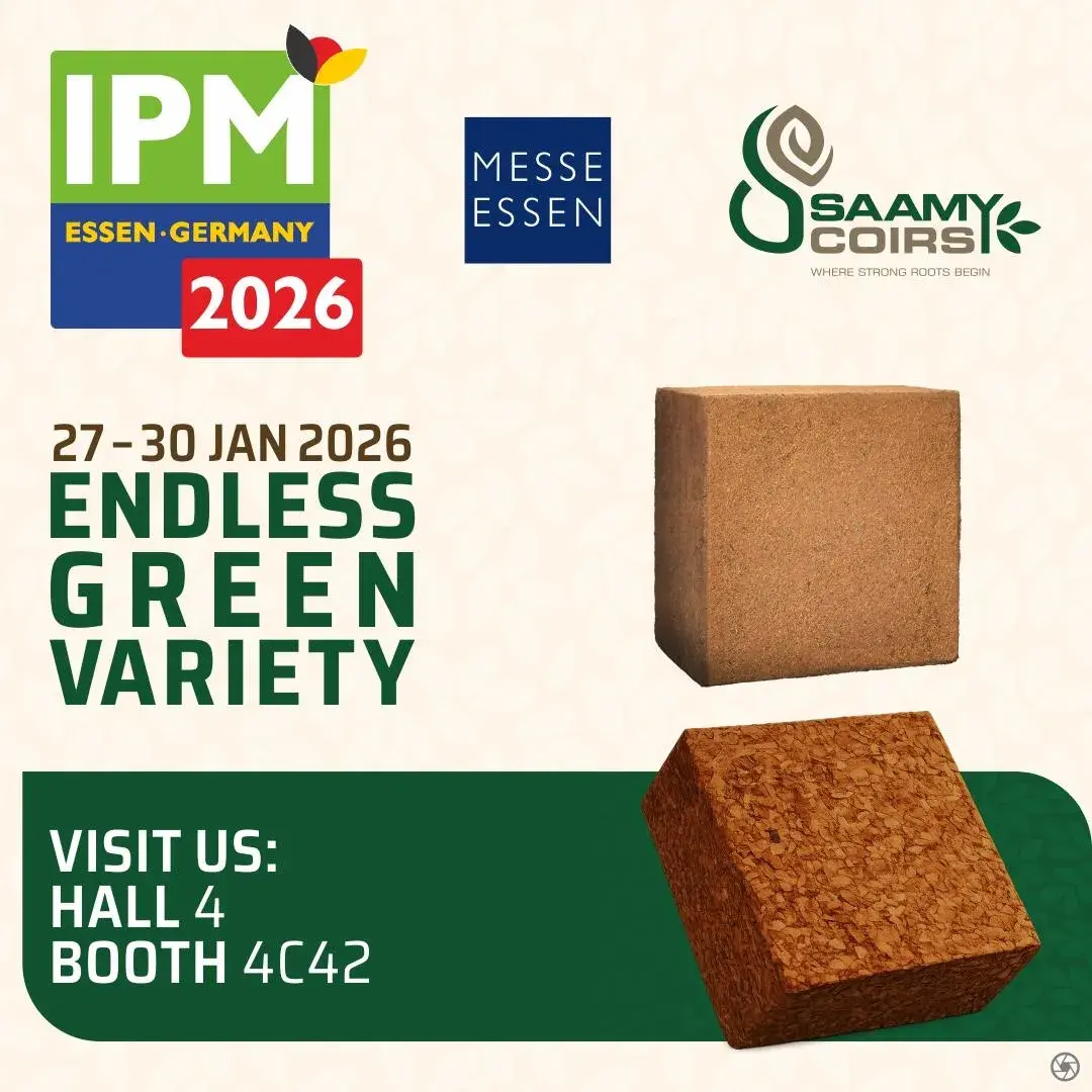 Saamy Coirs at IPM Essen Germany 2026 — international horticulture trade exhibition graphic