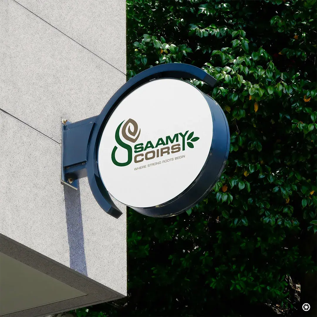 Saamy Coirs outdoor signage mockup — exterior brand application